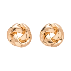 Minimalist gold knot stud earrings with geometric metallic wrap design on white background
