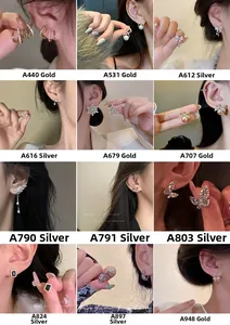 Collage showing 12 styles of S925 needle bow and pearl earrings in gold and silver