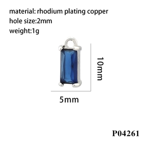 Detailed specs of rectangle blue zircon pendant in rhodium-plated copper finish