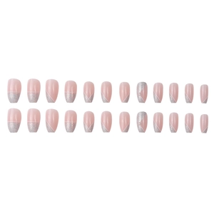 Unghie finte French rosa nudo con glitter argento e dettagli di perle, set da 24