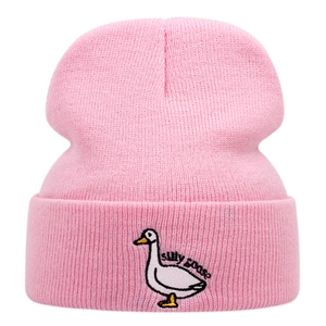 Cozy pink knitted beanie hat featuring cute silly goose embroidery and text design