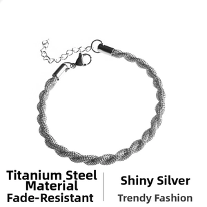 Detail view of woven titanium steel mesh bracelet with silver finish and lobster clasp