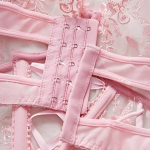 Pink lace lingerie set with four-row back closure and breathable mesh embroidery detail