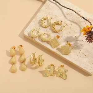 Retro Hip Hop Gold Plated Copper Earrings For Women Geometric Square Water Drop Frosted Texture Hollow Fashion Jewelry