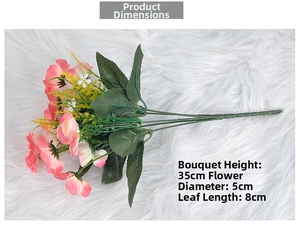 Detailed view of pink artificial cherry blossom with size measurements on plush background