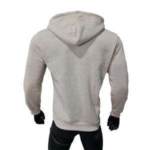 Back view of gray fleece-lined hoodie for men on a black mannequin with a clean white background