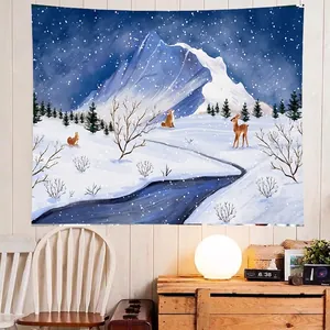 Vue détaillée d'une tapisserie de paysage de neige hivernale avec des illustrations d'animaux