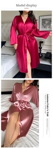 Detail view of silky satin long-sleeved robes with V-neck and tie waist for women