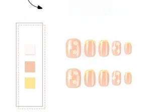 Detail of yellow French press-on nails featuring hand-painted white daisies and nude tones