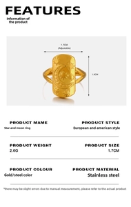 Detail showing weight 2.6g and 1.7cm adjustable size of gold celestial star moon ring