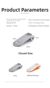 Detailed dimensions of the adjustable double-layer plastic shoe storage rack in gray