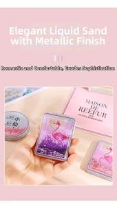 Detail of portable flamingo quicksand folding mirror with purple glitter finish