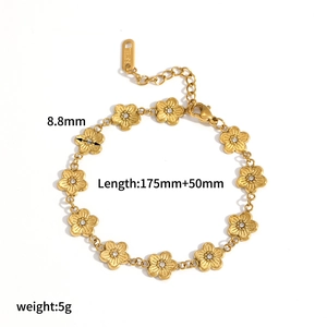 Bracelet en acier inoxydable doré avec fleurs à cinq pétales, cristaux et chaîne réglable