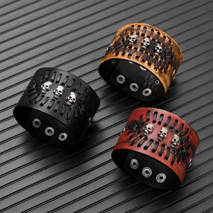 Men punk wide leather bracelets with skull rivets and woven cord in three vintage colors