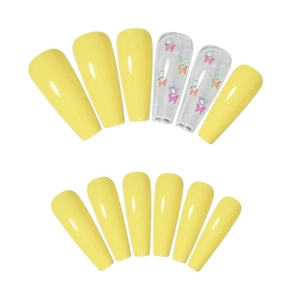Long yellow coffin fake nails with butterfly sequins on white background set