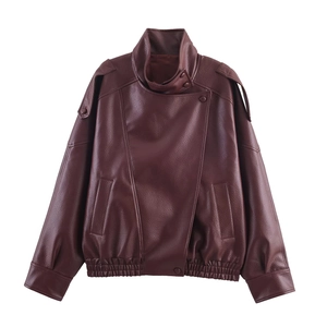 Giacca da donna in ecopelle bordeaux con colletto alla coreana e polsini elastici