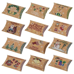 Christmas Pillow Candy Boxes Kraft Paper Gift Packaging For Holiday Party Treats Favors Festive Designs Decorative