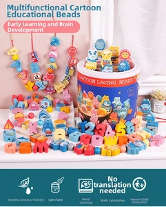 Close-up of 136pcs wooden lacing beads including letters and animals for kids