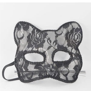 Detailed view of a black lace cat mask with floral patterns and bionic whiskers decoration
