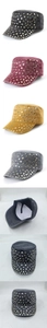 Detail view of washed cotton cadet caps with gold metal studs in four assorted colors