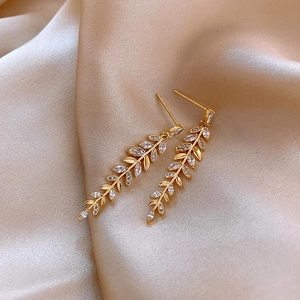 Elegant gold-plated wheat leaf earrings featuring marquise-cut cubic zirconia crystals