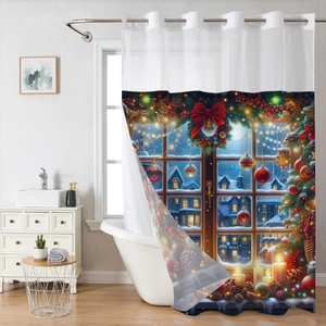 Christmas window scene double layer shower curtain with hooks in modern bathroom