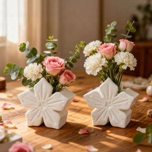 Minimalist white matte flower shaped ceramic vases with pink roses and carnations