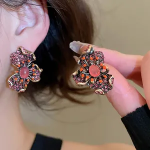 Boucles D Oreilles Fleurs Vintage Alliage Or Antique Strass Résine Pétales Avec Silver Earring Post Bijoux Femme