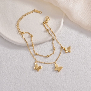 Bracciale a doppio strato in acciaio inossidabile placcato oro 14K con farfalle opache