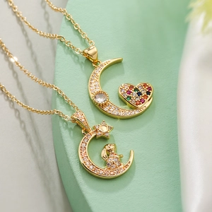 Moon Rabbit Heart Pendant Necklace 18K Gold Plated Copper Cubic Zirconia Dainty Versatile Light Luxury Jewelry For Women