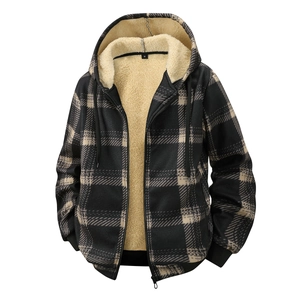 Detail of checkered zip-up hoodie showing fleece lining and ribbed cuffs texture