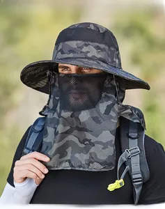 Detail of outdoor sun hat with breathable mesh face mask and neck cover in camouflage