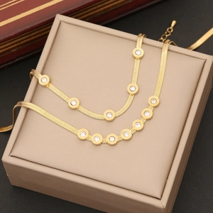 Gold stainless steel snake chain jewelry set with round zircon pendants in a gift box