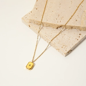 18k gold plated stainless steel rectangle starburst pendant necklace for women