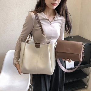Minimalist beige tote bag and brown crossbody bag set for stylish daily commuting women
