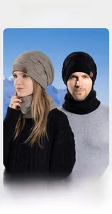 Detail of warm winter knitted hat and scarf set with thick fleece lining for outdoors