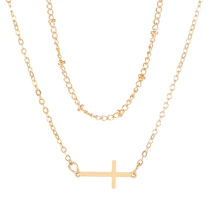 Elegante goldene Doppelhalskette mit Perlenkette und horizontalem Kreuzanhänger