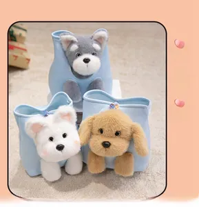 Three plush dog storage bags featuring husky and poodle designs on a soft blue base