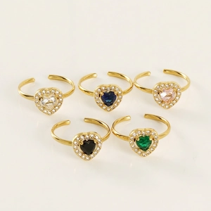 Adjustable 18K gold-plated double-layer heart zircon rings set in five vibrant colors