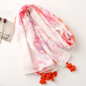 Colorful watercolor cotton linen beach wrap scarf with bright orange tassels