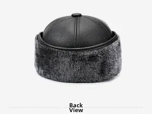 Detailed back view of winter men's faux leather hat with thick grey faux fur lining