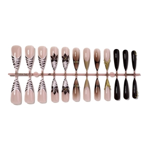 24pcs French press-on nails with leopard flower patterns and shimmering rhinestones