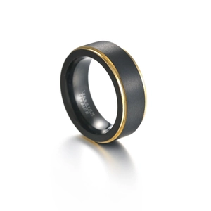 Macro detail of 8mm tungsten carbide ring with black brushed finish and gold plated edges