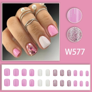 Pink and white glitter press-on nails set with minimalist sweet short square design