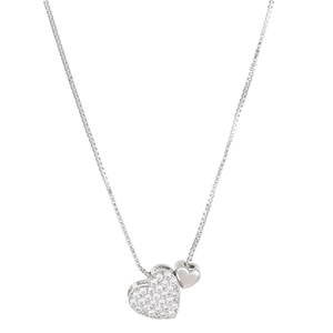 Detail of silver double heart pendant with pavé white zircons and box chain