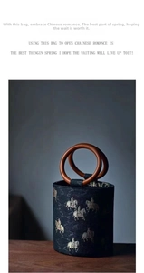 Macro shot of traditional Tang horse embroidery and round wooden handle on bucket bag