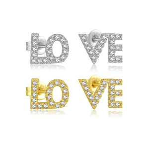 S925 sterling silver LOVE stud earrings set with sparkling pavé cubic zirconia