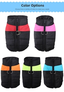 Detail of dog winter vest colors showing waterproof fabric and metal D-ring attachment