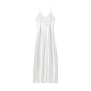 Detail of white satin dress featuring thin straps and back invisible zipper closure