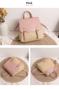 Detailed views of a pink straw backpack featuring woven texture and leather straps